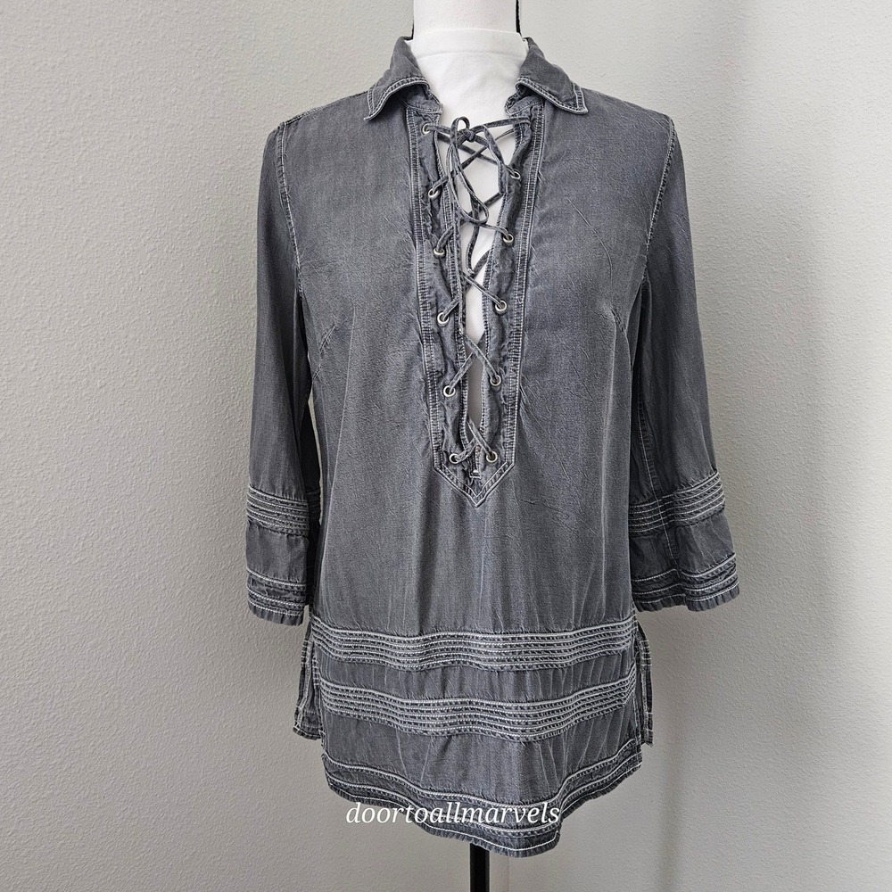 Ryan Michael Gray Tencel Lace up Blouse Boho Western Ranch Rustic Luxe sz M